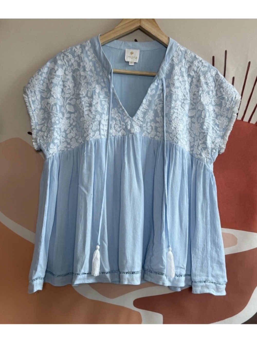 J. Marie Blouse Women's Size XS Dani Top Boho Blue White Embroidered Tassels